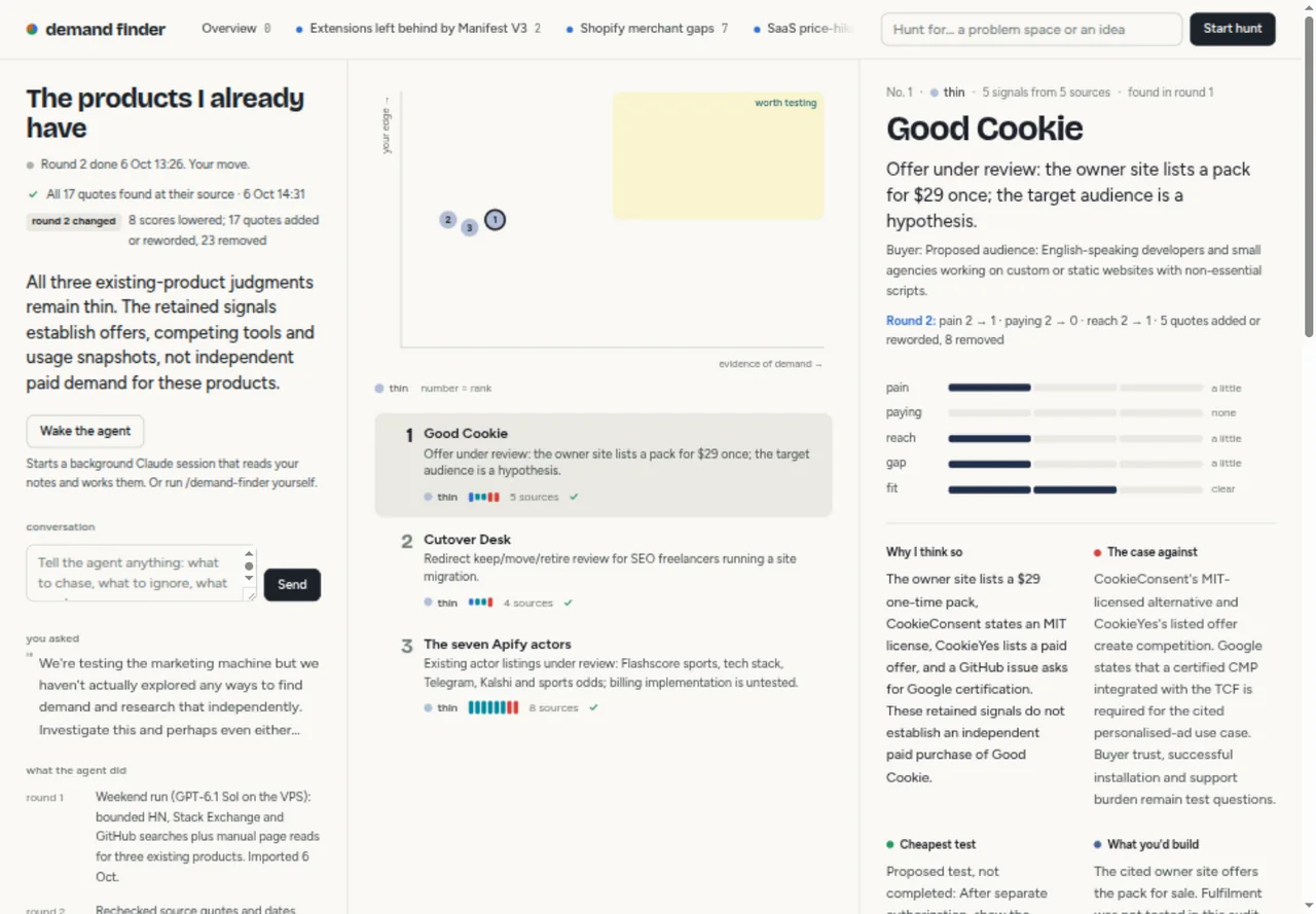 New demand finder inside one hunt: summary and conversation on the left, a chart of leads in the middle, the selected lead's scores and arguments on the right.