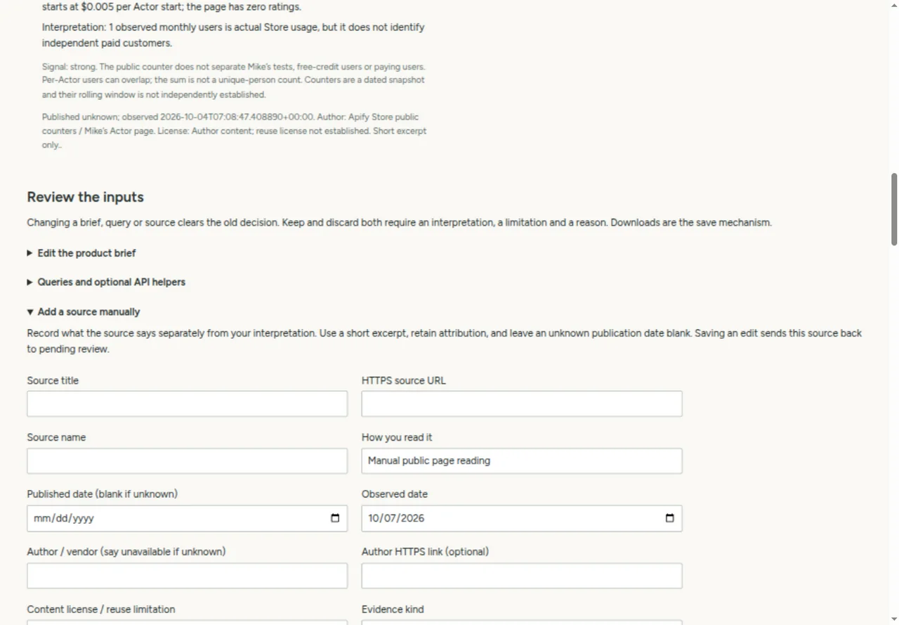 Old demand finder with the Add a source manually section open: a two-column form of empty fields.