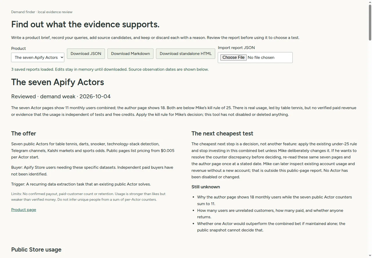 Old demand finder: a product picker, download buttons and a file import above a long written report on the seven Apify Actors.
