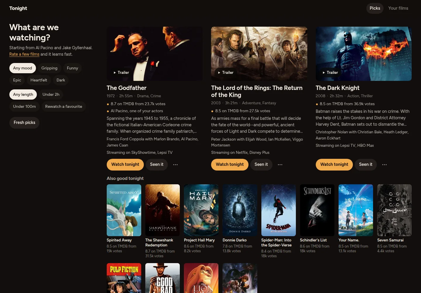 New movie chooser on a dark background: mood and length chips on the left, three large film stills with trailers and a Watch tonight button, a row of posters below.