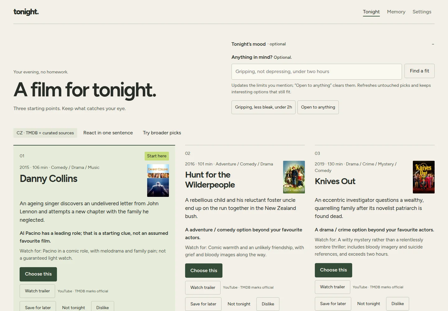 Old movie chooser: a large headline, a mood text box, and three text-heavy film cards with small posters and many buttons.