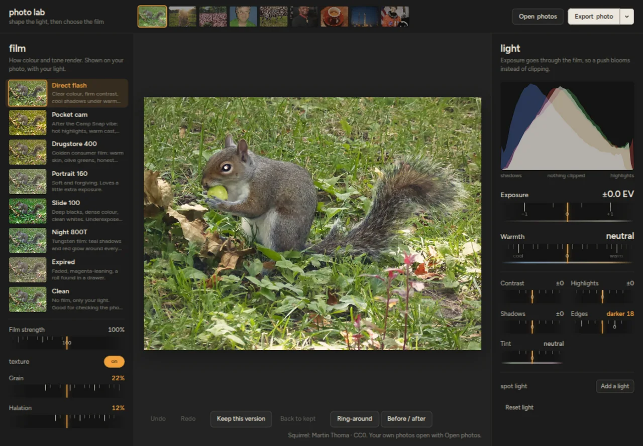 New photo lab on a dark background: film stocks listed on the left, the squirrel photo in the middle, a histogram and light dials on the right.